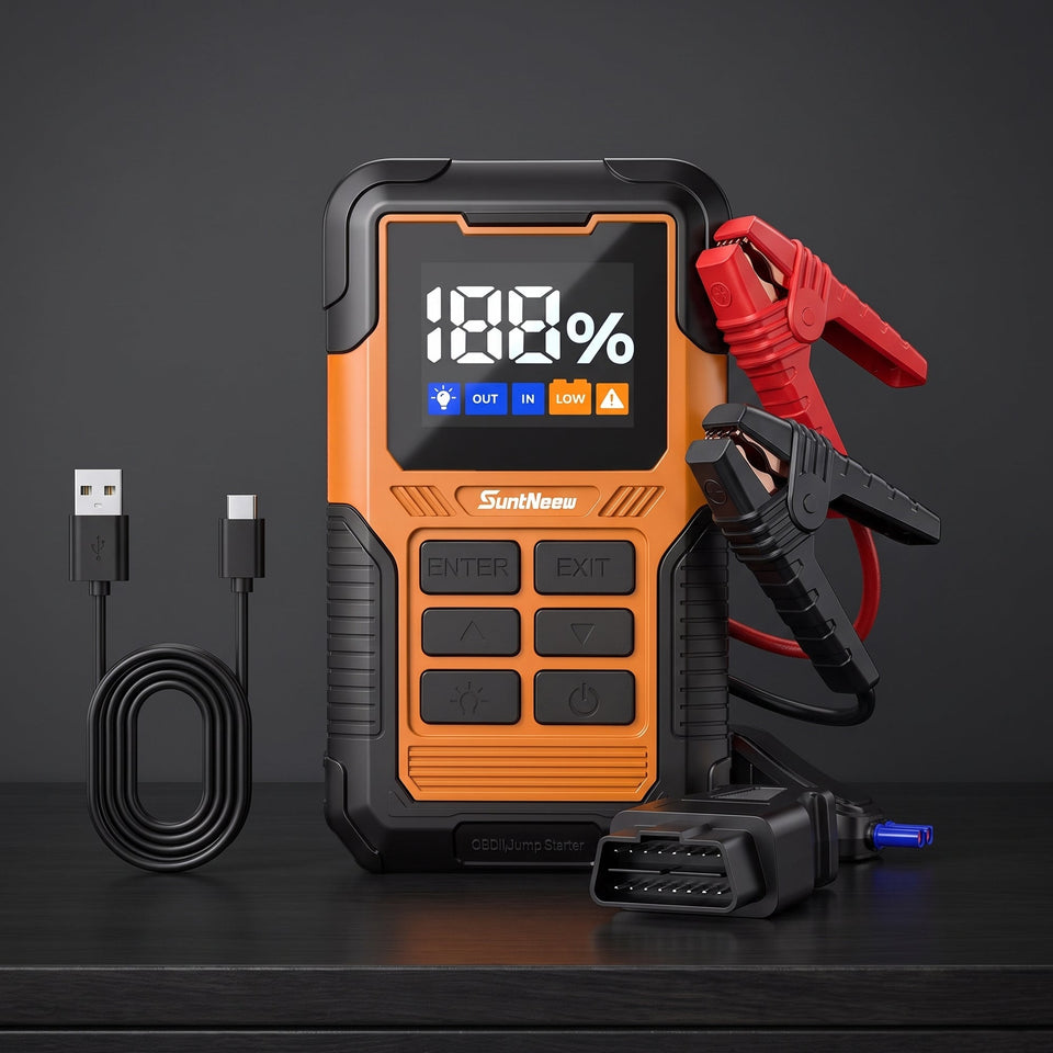 SuntNeew OJ02 1500A jump starter with OBD2 diagnostics and accessories