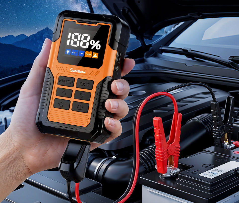 OJ02 jump starter connected to a compatible 12V vehicle battery