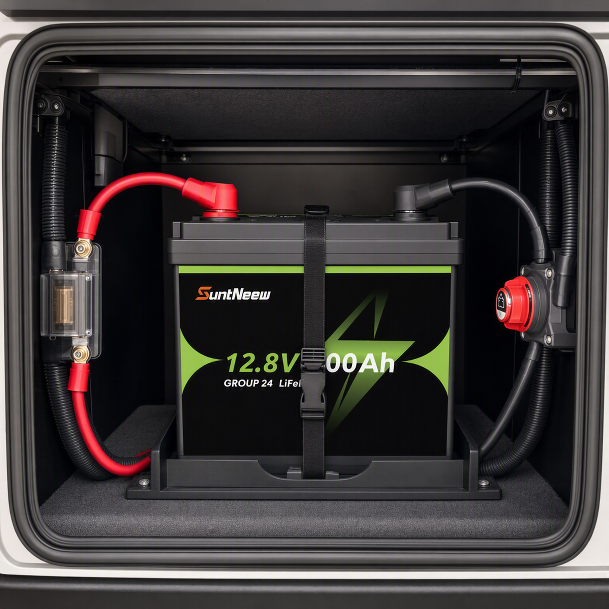 Group 24 100Ah LiFePO4 battery installed in an RV battery compartment