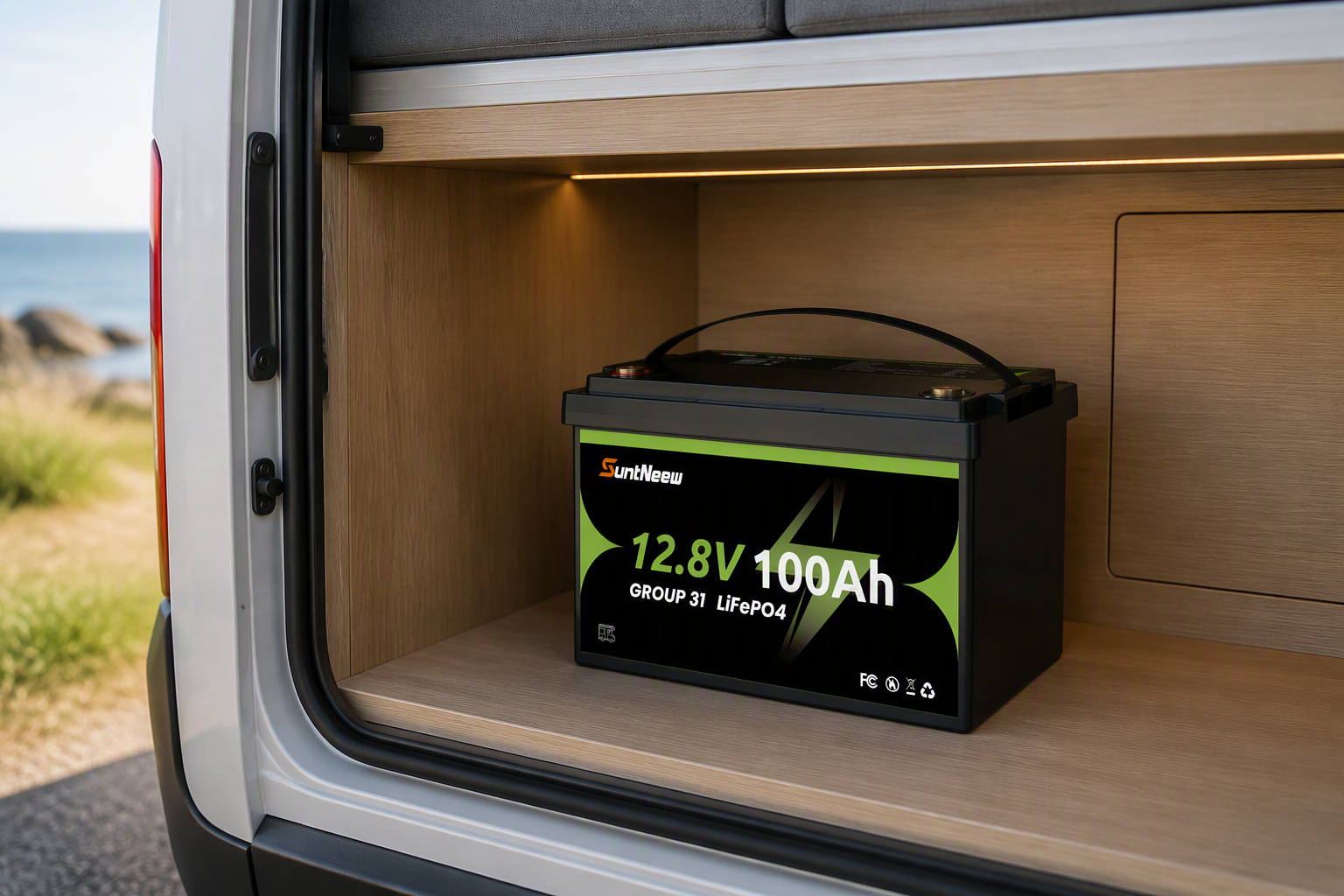 Group 31 100Ah LiFePO4 battery in an RV battery compartment