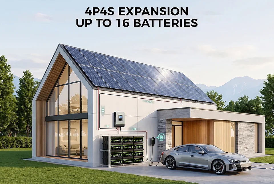 Passende SuntNeew 230Ah LiFePO4-Batterien, angeordnet als erweiterbare RV-Powerbank