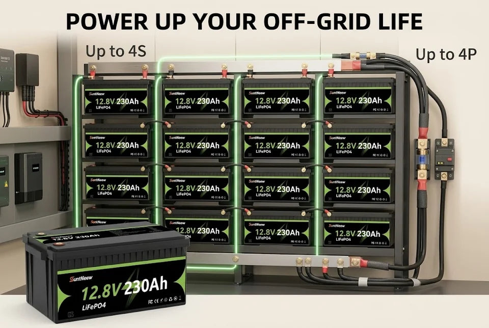 Batteries SuntNeew 230Ah LiFePO4 assorties disposées comme une banque d'alimentation extensible pour camping-car
