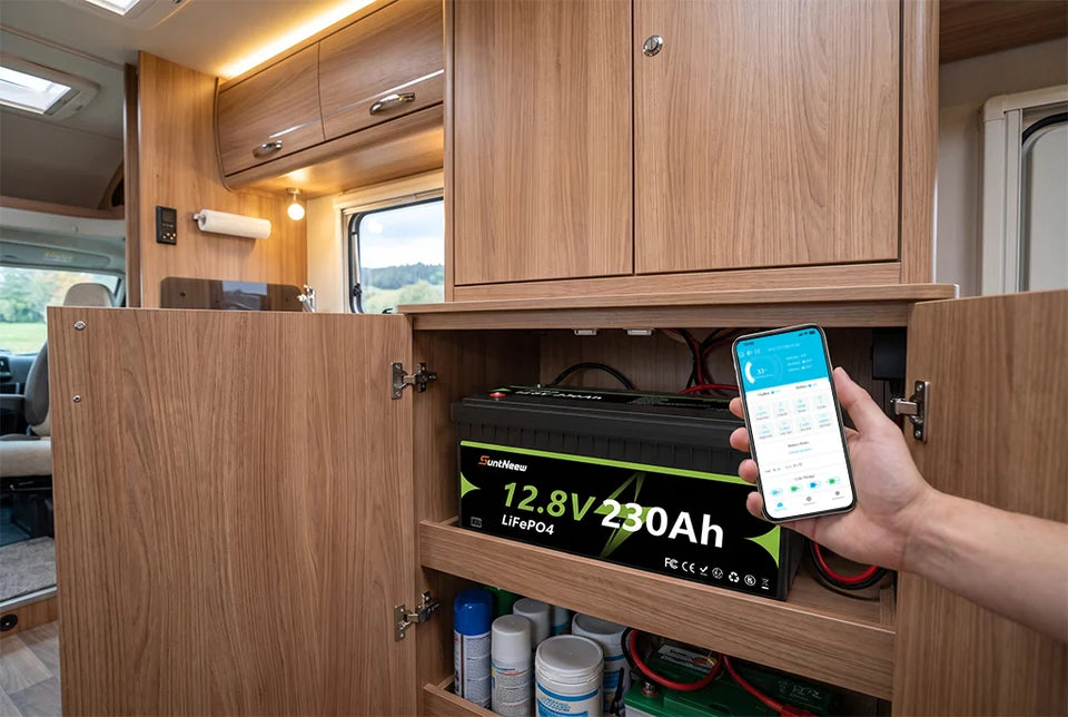 SuntNeew 230Ah LiFePO4 Wohnmobilbatterie mit Bluetooth Statusüberwachung auf einem Telefon