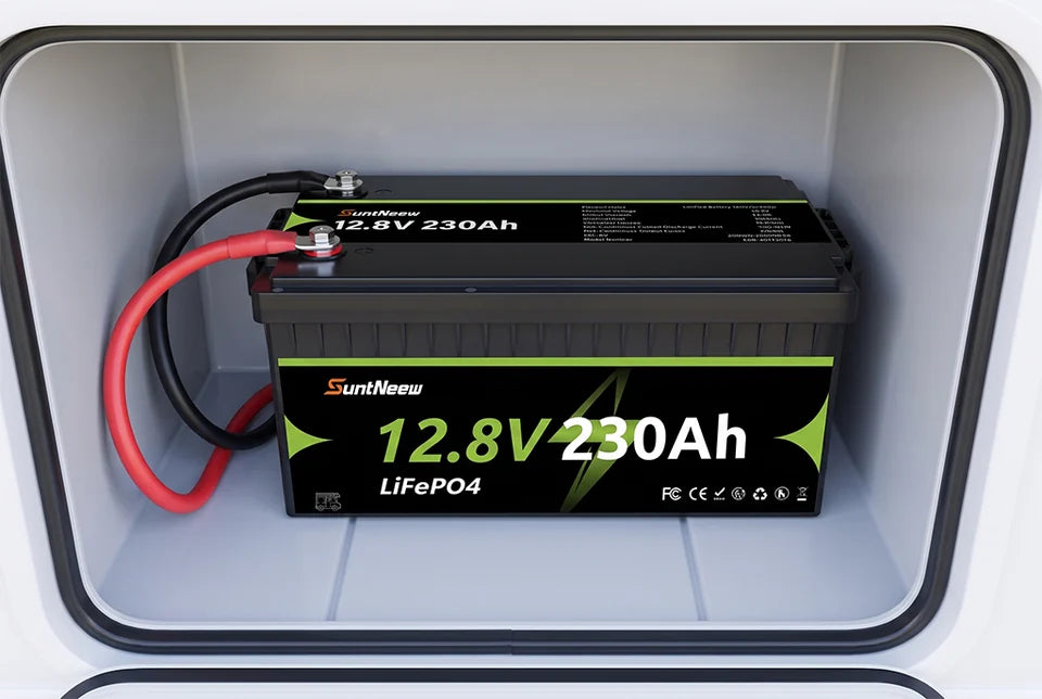 SuntNeew 230Ah LiFePO4 battery secured in a high-output RV battery bay