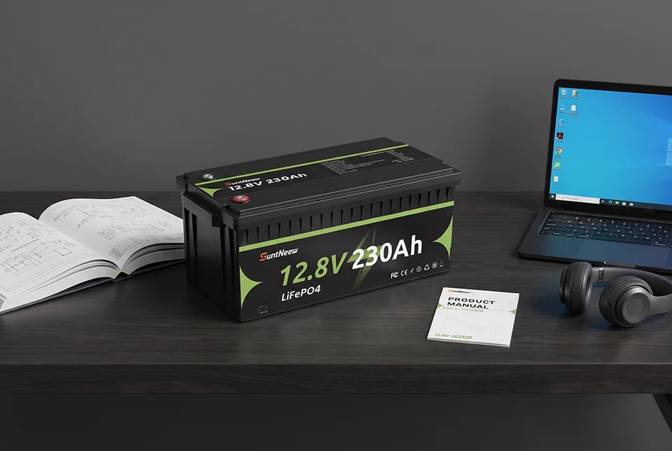 SuntNeew 230Ah LiFePO4 RV-Batterie neben dem Produkthandbuch und den technischen Dokumenten