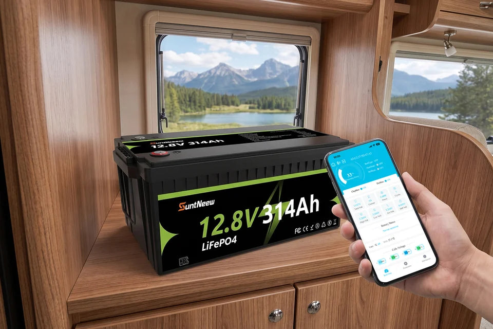 SuntNeew 314Ah LiFePO4 RV battery Bluetooth 5.0 monitoring inside an RV