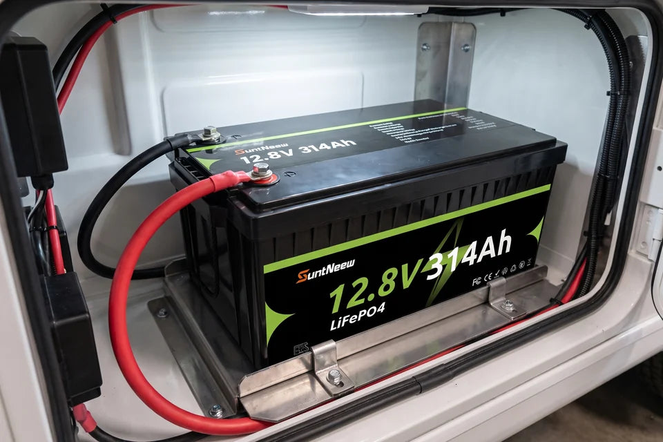 SuntNeew 314Ah LiFePO4 RV battery secured in a professional service-bay installation