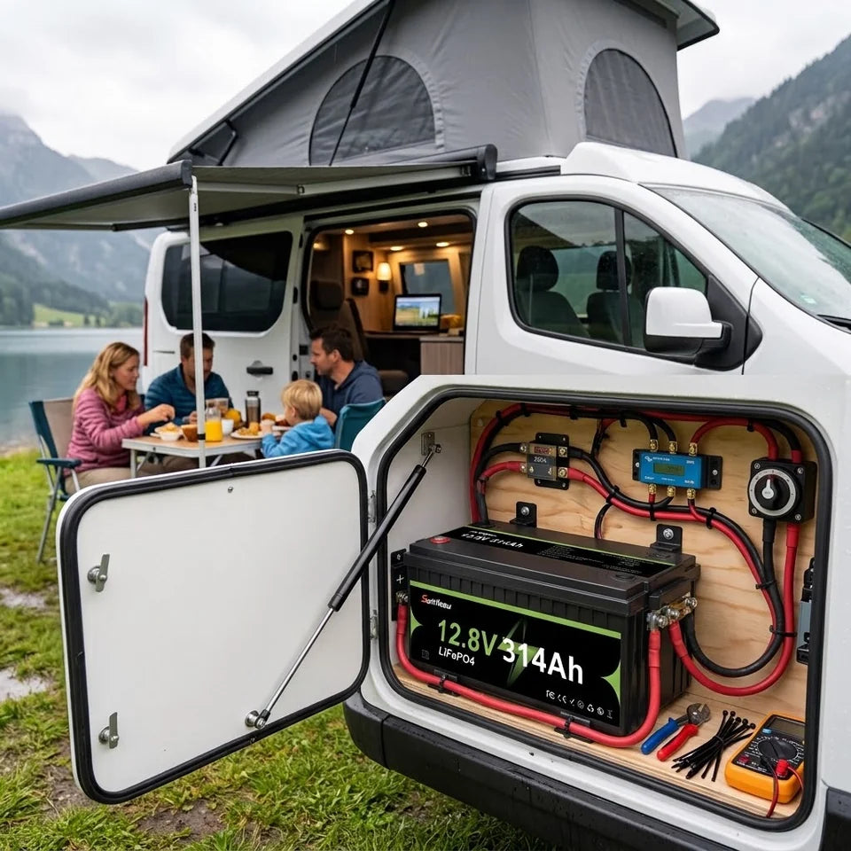 SuntNeew 314Ah LiFePO4 曇天の低日照条件下で RV サービス ベイに取り付けられた RV バッテリー