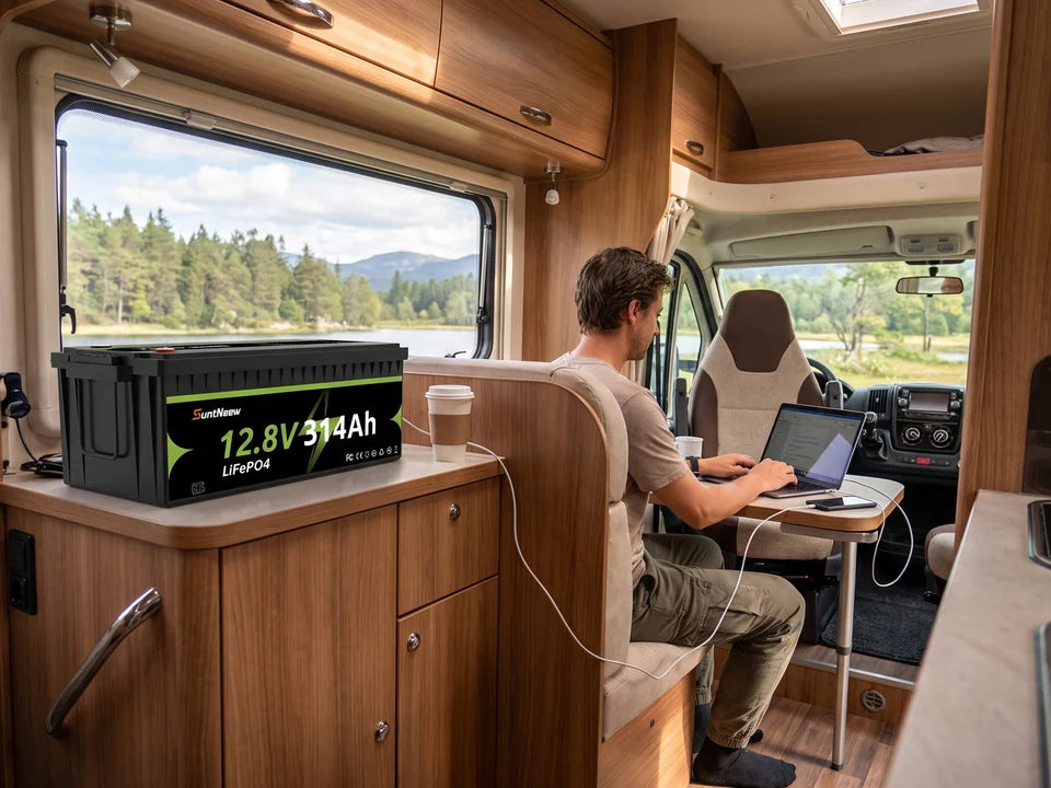 SuntNeew 314Ah LiFePO4 RV battery powering remote work inside a motorhome