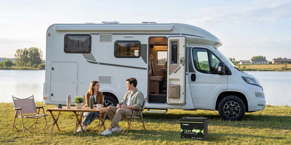 SuntNeew Gruppo 24 100Ah LiFePO4 Batteria che supporta l'alimentazione del camper in un campeggio in riva al lago
