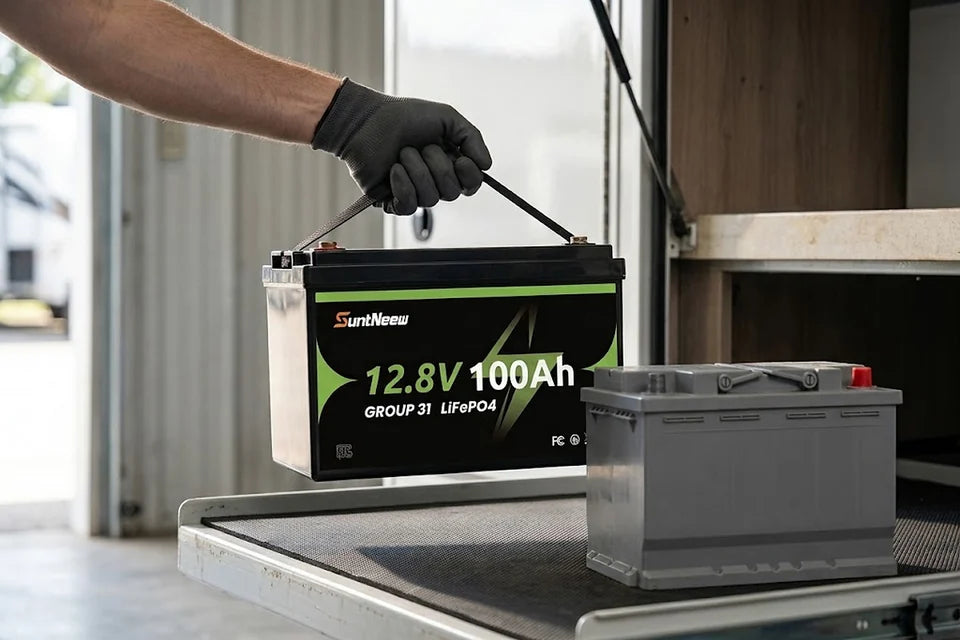 Groupe SuntNeew Batterie 31 LiFePO4 transportée à côté d'une batterie au plomb conventionnelle
