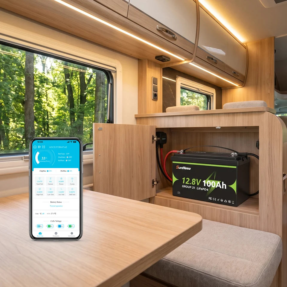 SuntNeew Group 31 battery with Bluetooth status monitoring inside an RV