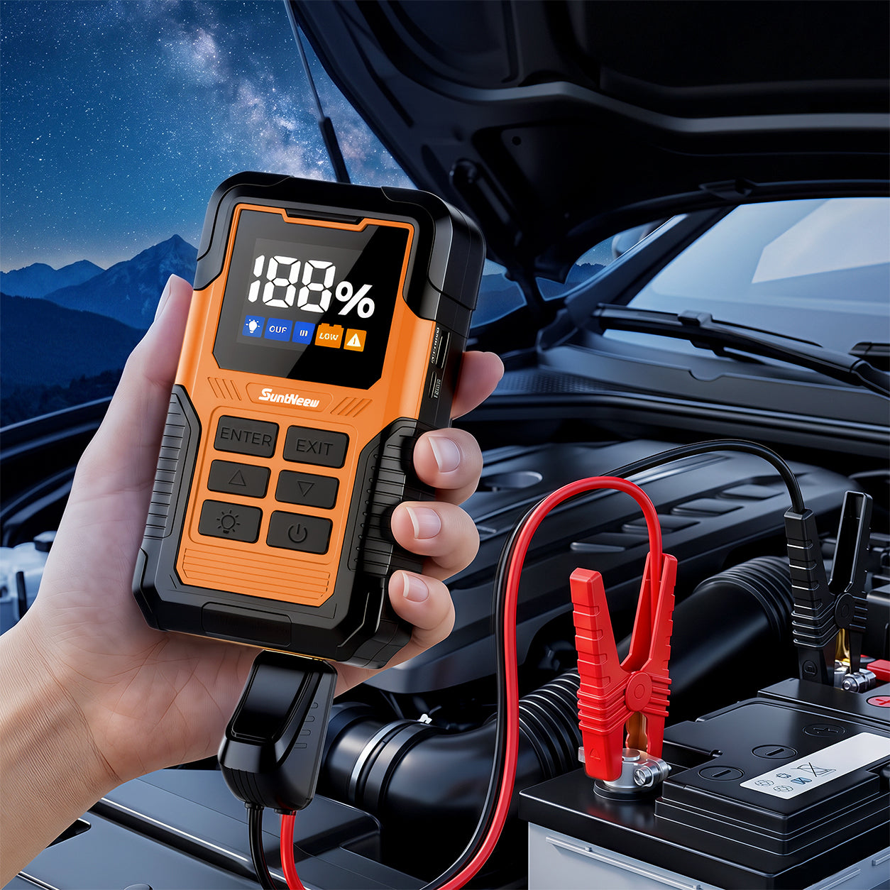 SuntNeew OJ02 connected to a compatible 12V vehicle battery with the smart clamp