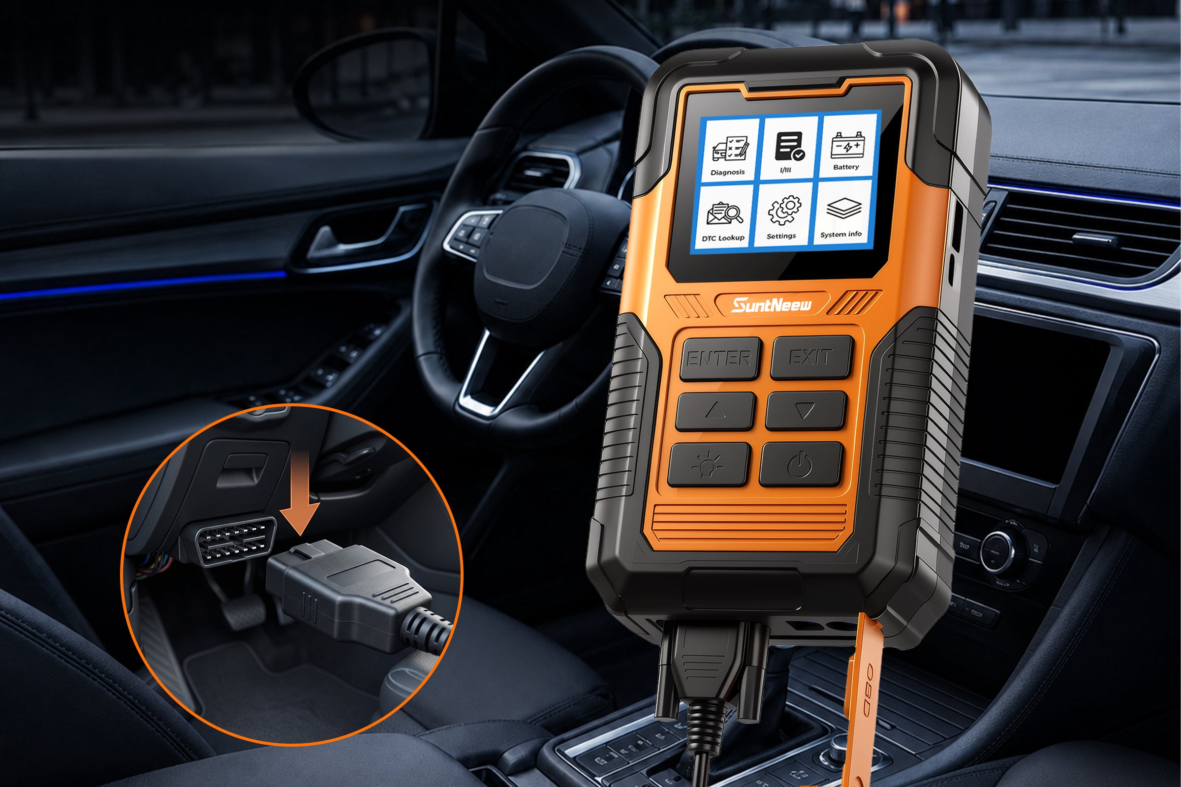 SuntNeew OJ02 OBD2 diagnostic screen and vehicle connection