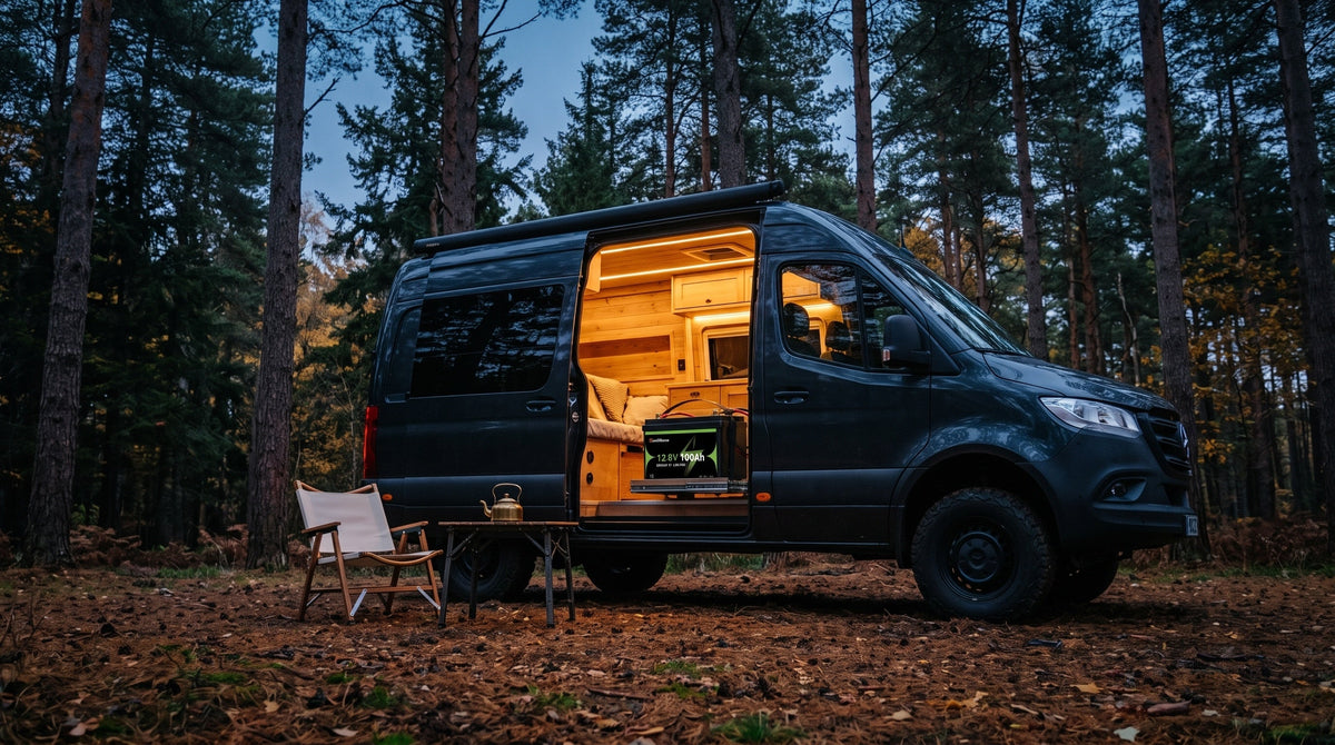 Camper van parked in pine forest at dusk with G31 powering auxiliary systems