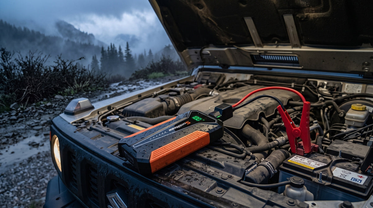 SuntNeew A20 1500A jump starter deployed in off-road vehicle engine bay