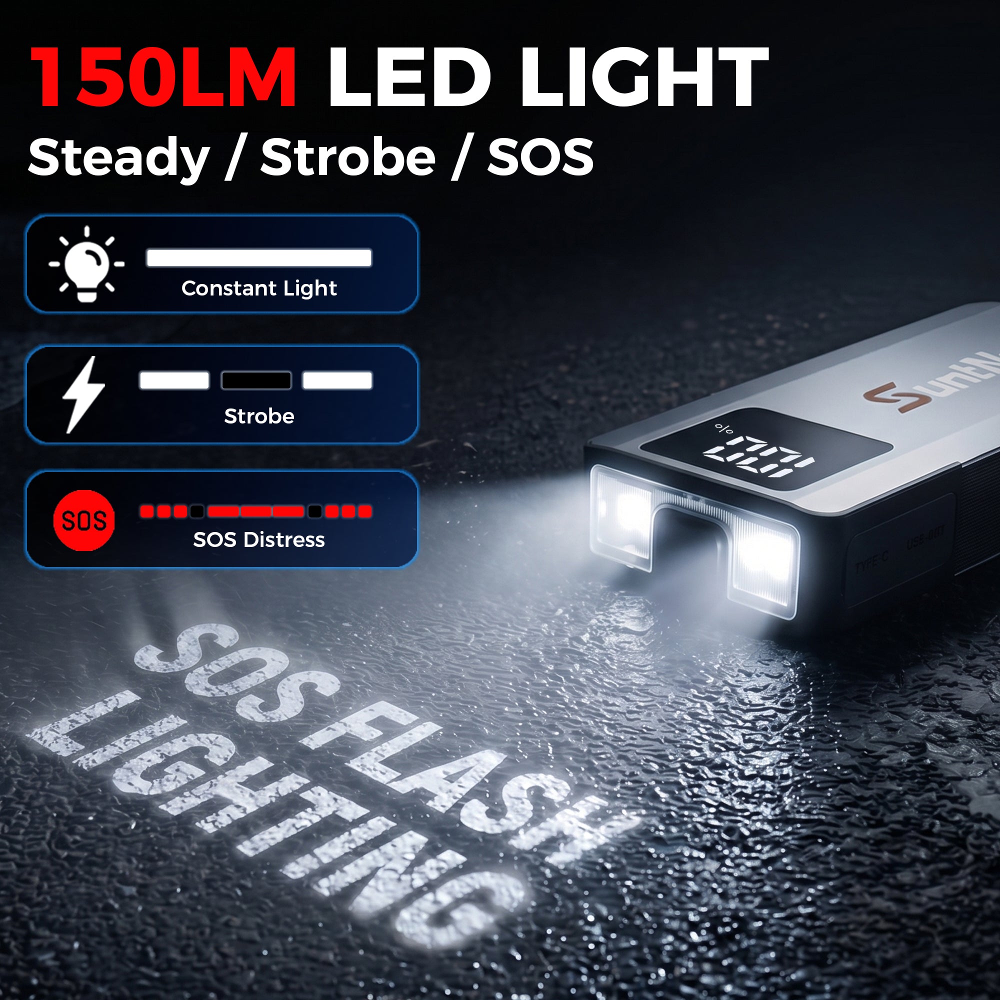 SuntNeew A3 150 lm LED light with steady, strobe and SOS modes