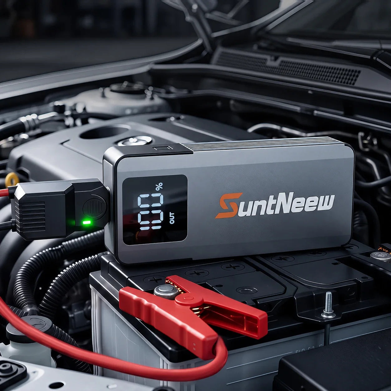 SuntNeew A3 jump starter connected at a vehicle battery