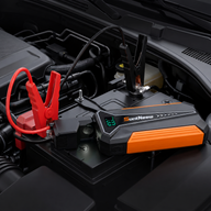 SuntNeew A20 orange jump starter connected in an engine bay