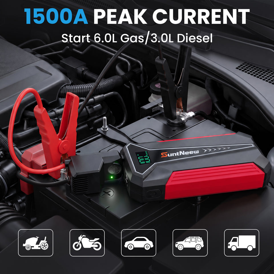SuntNeew A20 red jump starter connected in an engine bay #Color_Red
