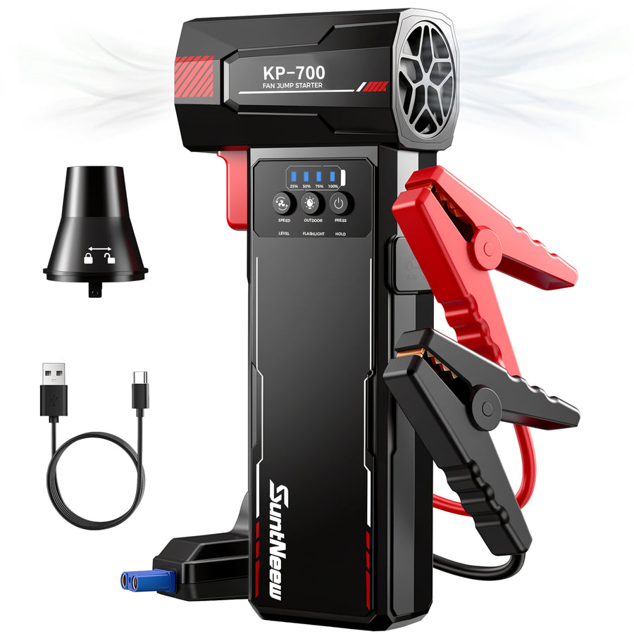 SuntNeew KB700 fan jump starter with smart clamp, air nozzle and USB cable