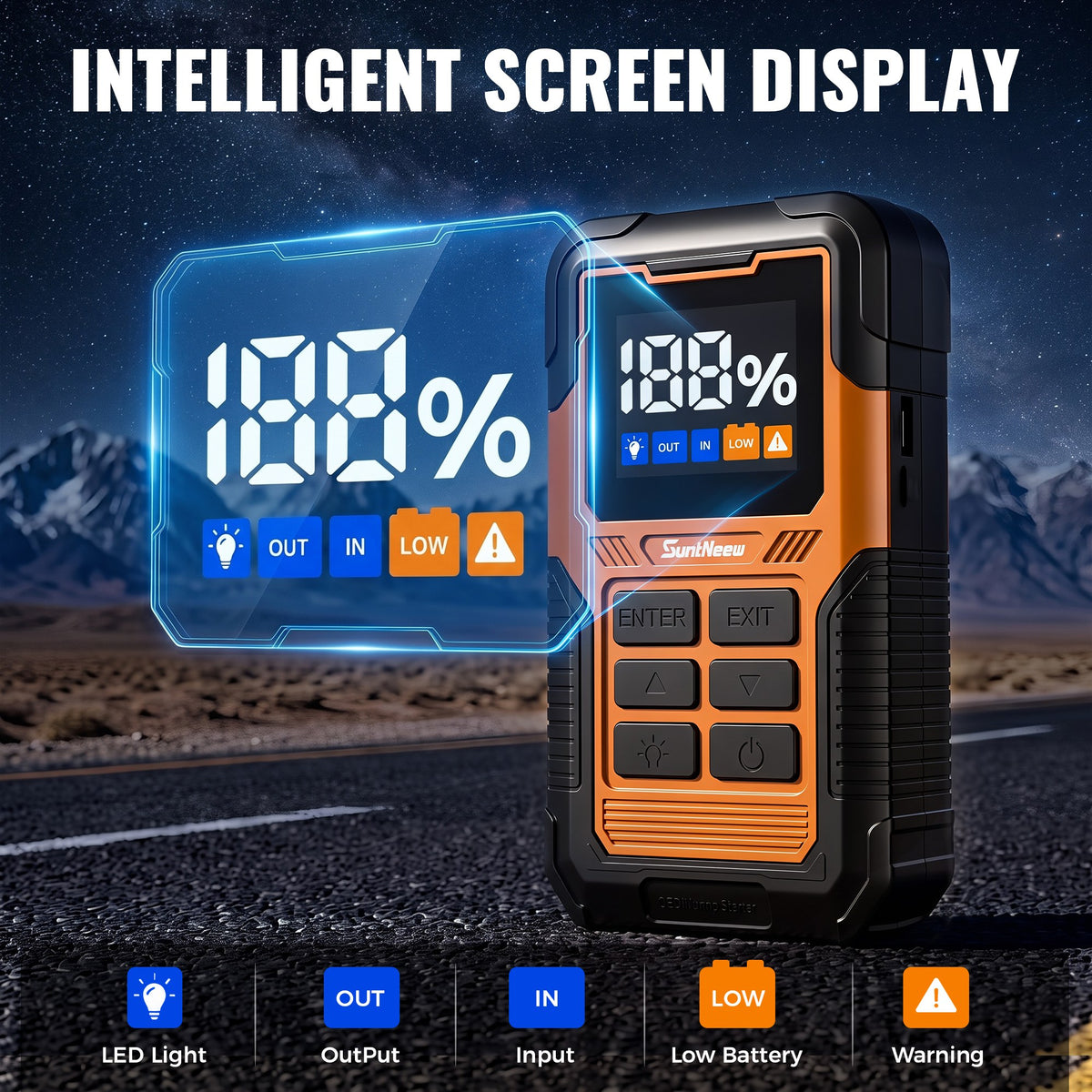 OJ02 battery percentage and input, output, low-battery and warning indicators