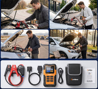 OJ02 vehicle-use examples and included clamps, OBD2 cable, USB cable, carry bag and guide