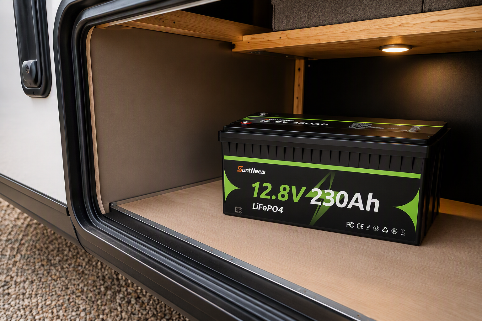 230Ah LiFePO4 battery in an RV utility compartment