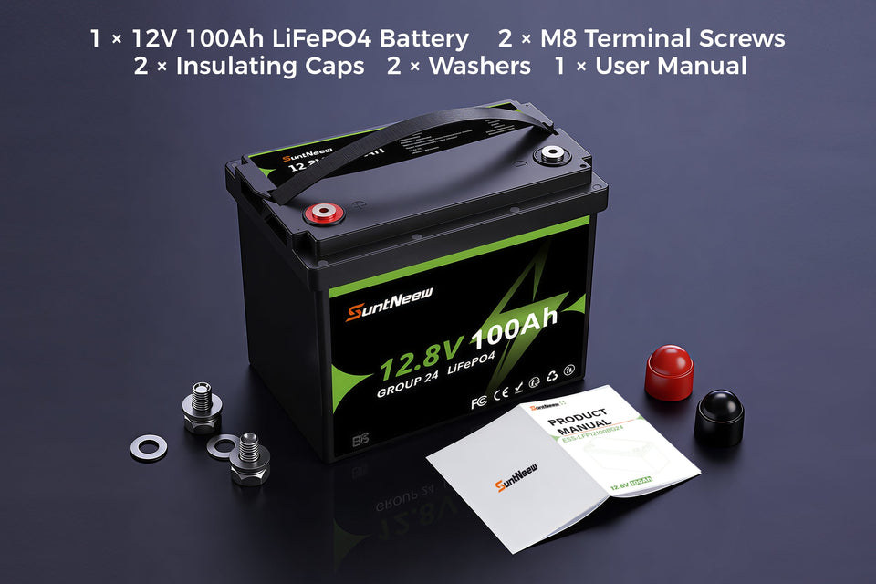 Group 24 100Ah LiFePO4 battery package contents