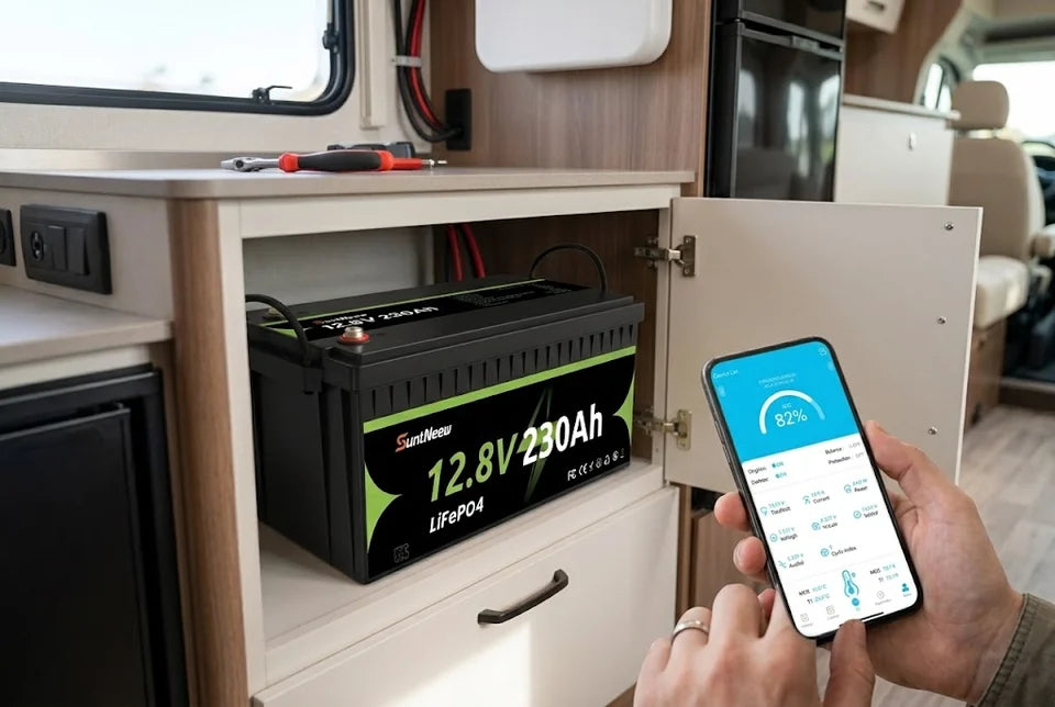 Bateria RV SuntNeew 230Ah LiFePO4 com monitoramento de status Bluetooth em um telefone