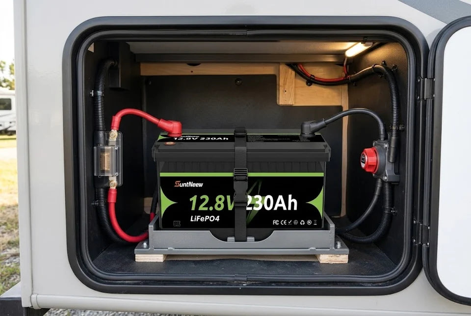 SuntNeew 230Ah LiFePO4 battery secured in a high-output RV battery bay