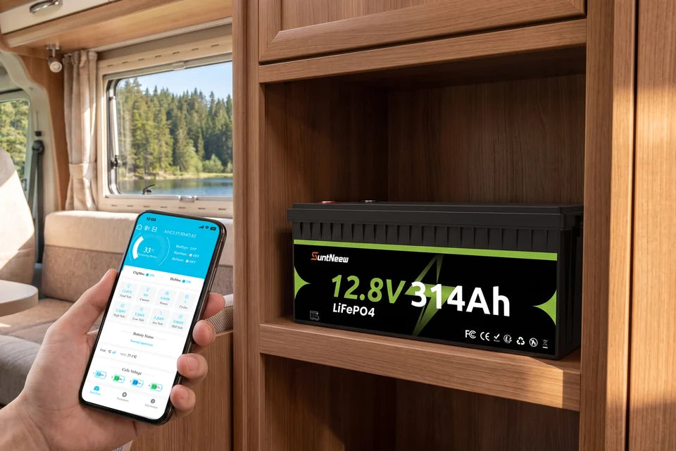 Telefon zeigt den Batteriestatus Bluetooth 5.0 neben der Batterie SuntNeew 314Ah LiFePO4 in einem Wohnmobil an
