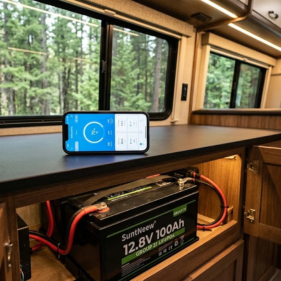 SuntNeew Group 31 battery with Bluetooth status monitoring inside an RV