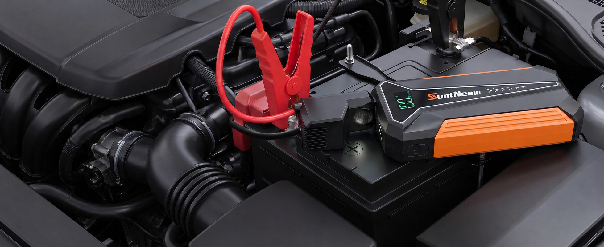 SuntNeew A20 orange jump starter connected in an engine bay