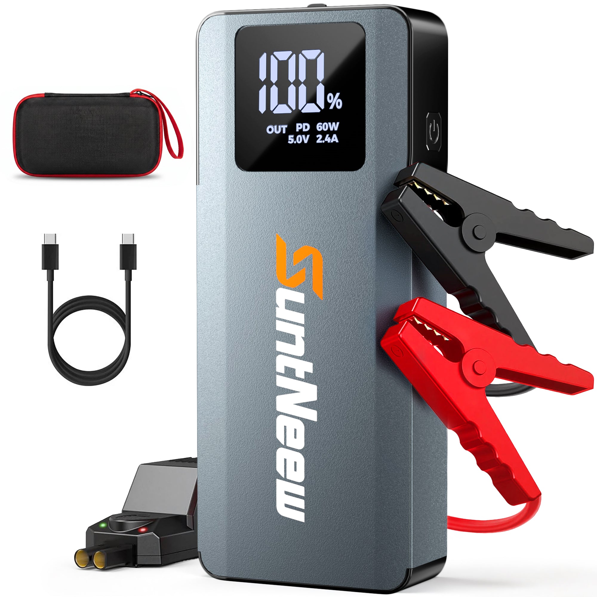 SuntNeew A3 Portable Car Jump Starter with intelligent jumper clamps and carry case