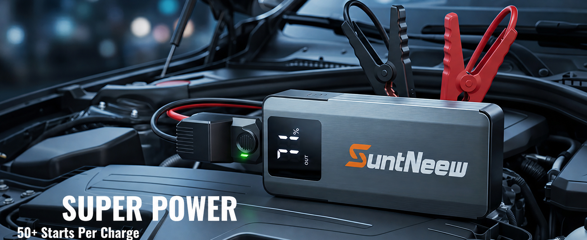 SuntNeew A3 super-power jump starter in a vehicle engine bay