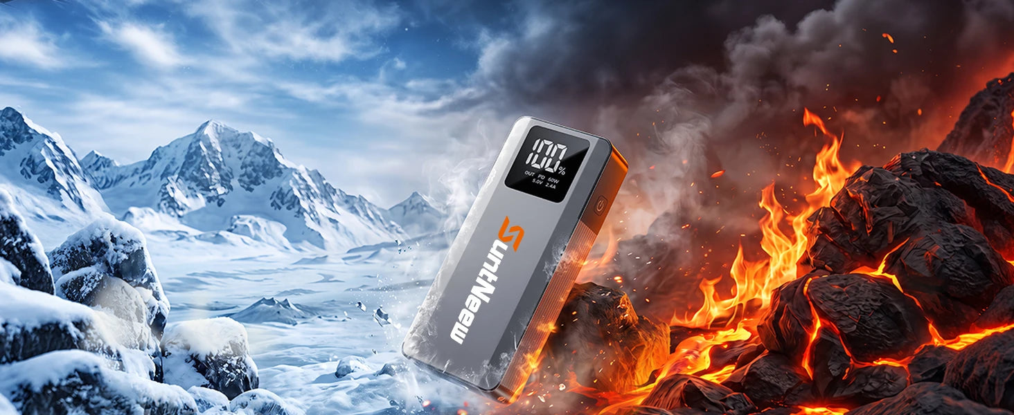 A3 jump starter shown between icy and hot conditions