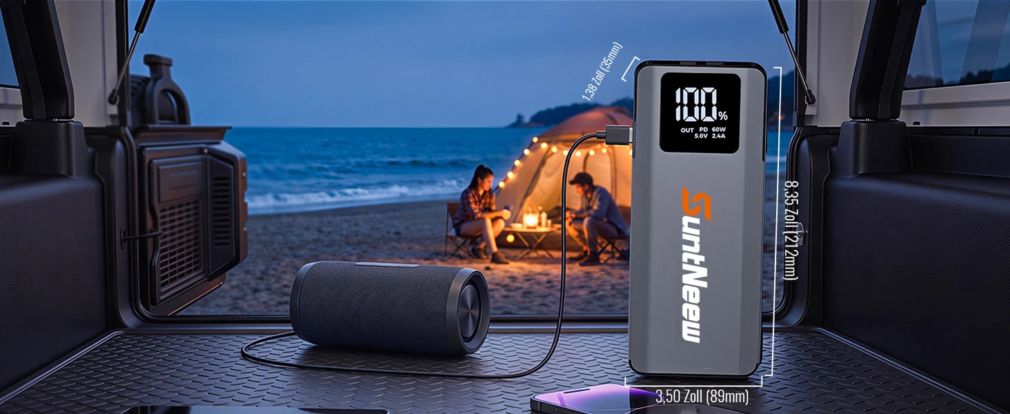 A3 portable jump starter shown with vehicle dimensions