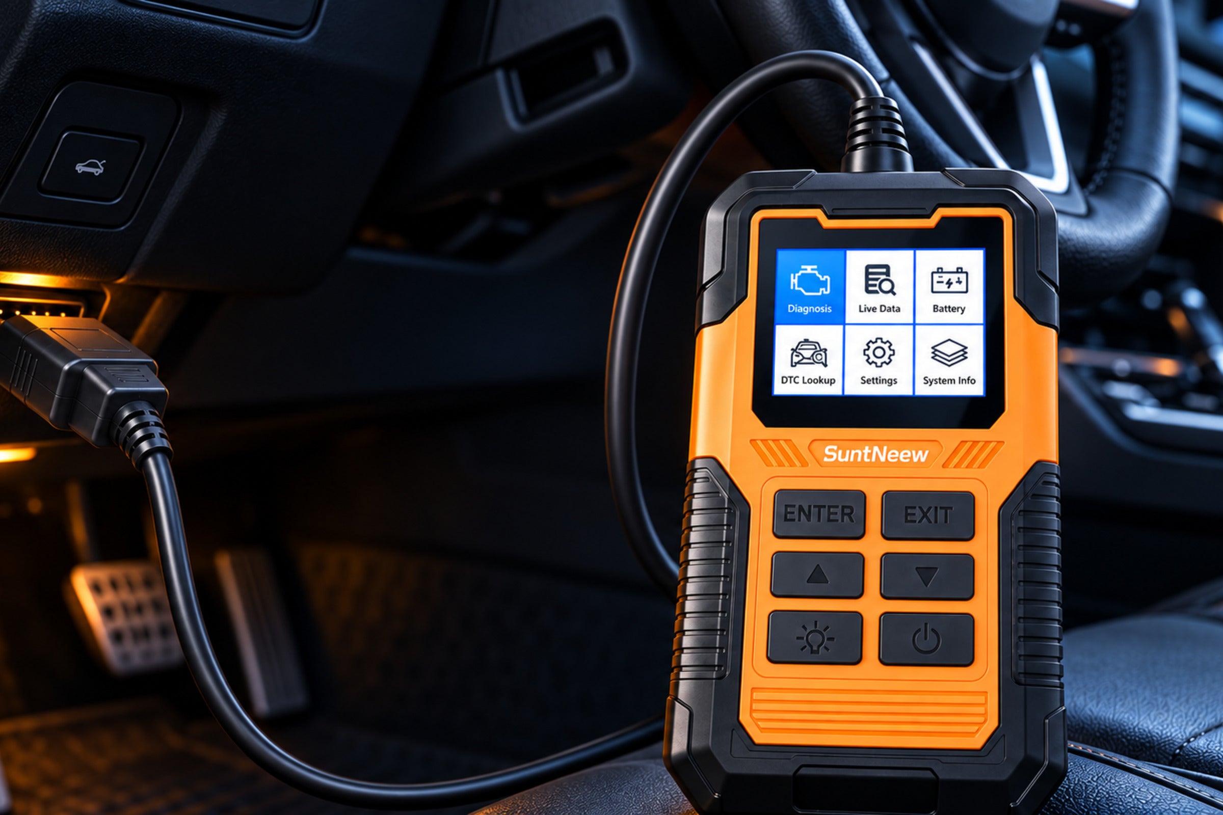 SuntNeew OJ02 OBD2 diagnostic screen and vehicle connection