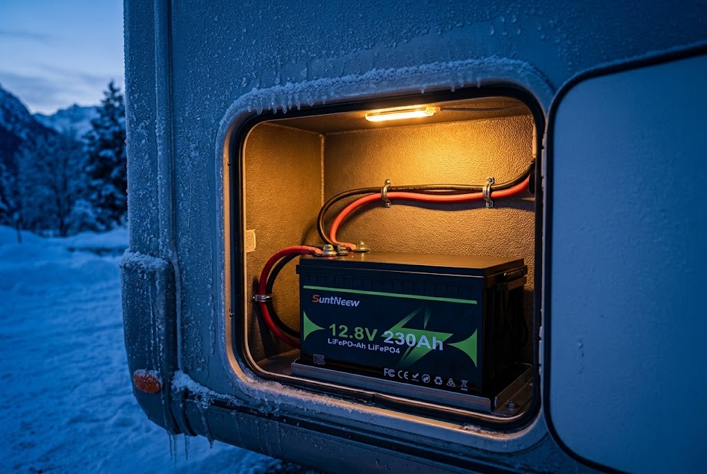 SuntNeew 230Ah LiFePO4 RV battery in a protected cold-weather installation