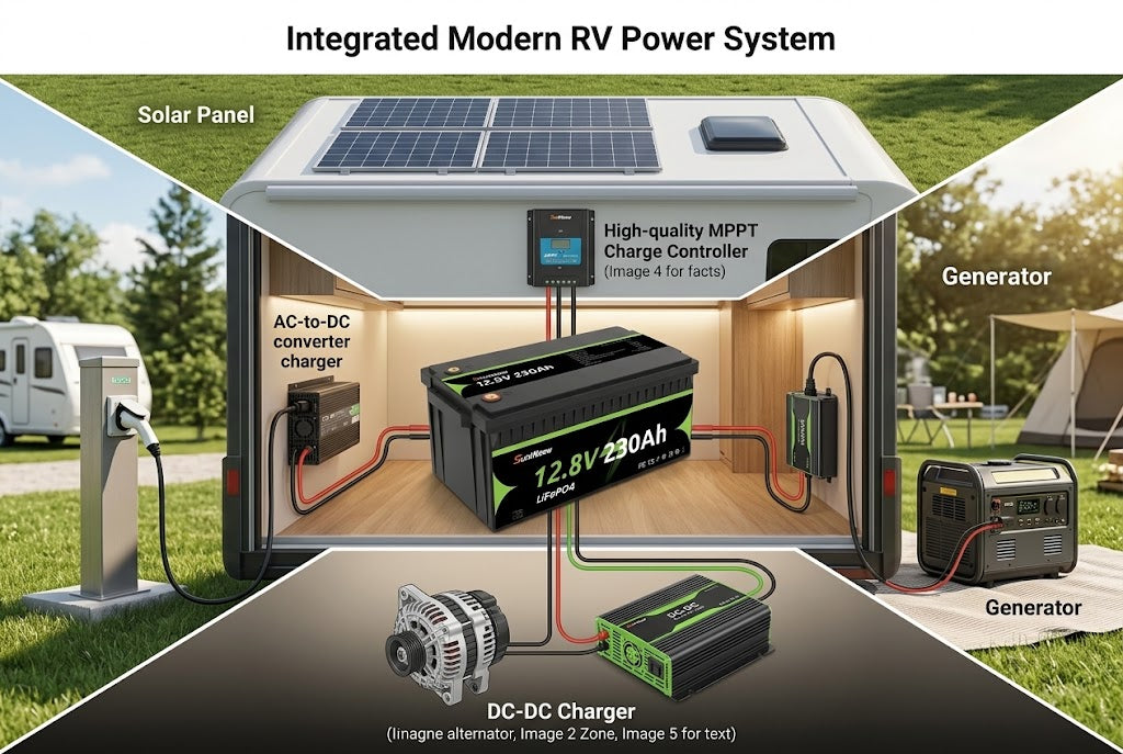 Four practical LiFePO4-compatible charging paths for the SuntNeew 230Ah RV battery