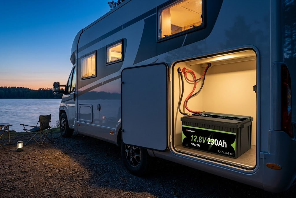 SuntNeew 230Ah LiFePO4 battery installed in a motorhome beside a lake at dusk