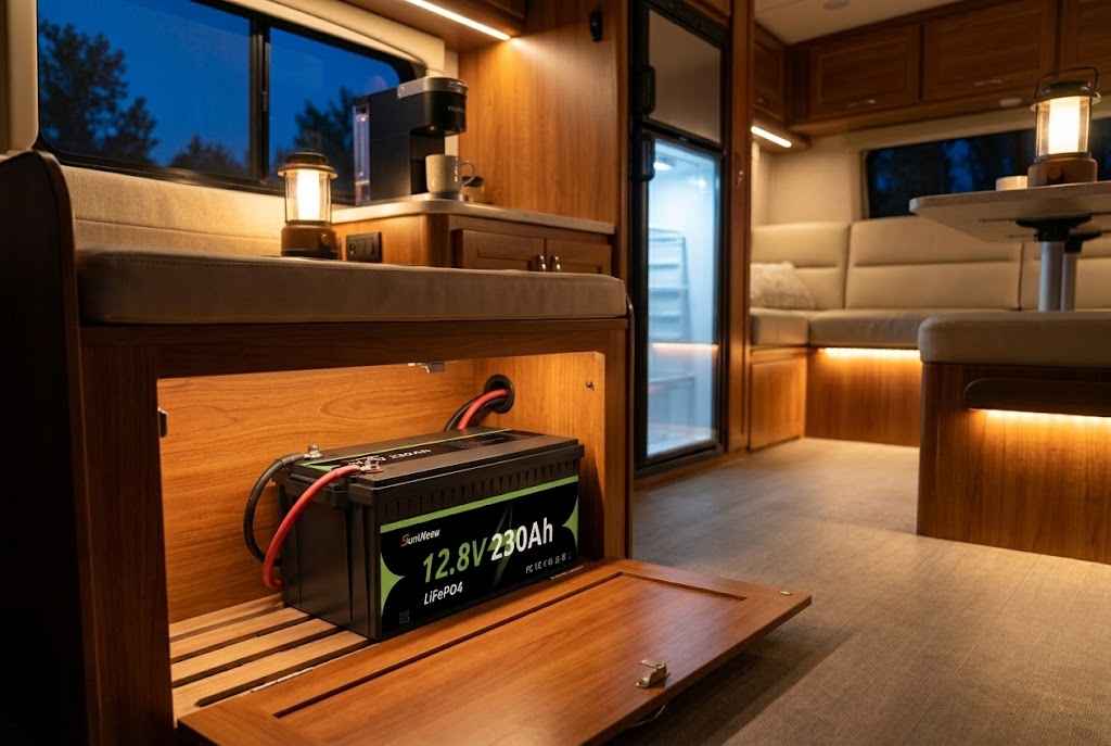 SuntNeew 230Ah LiFePO4 battery supporting a comfortable RV interior after sunset