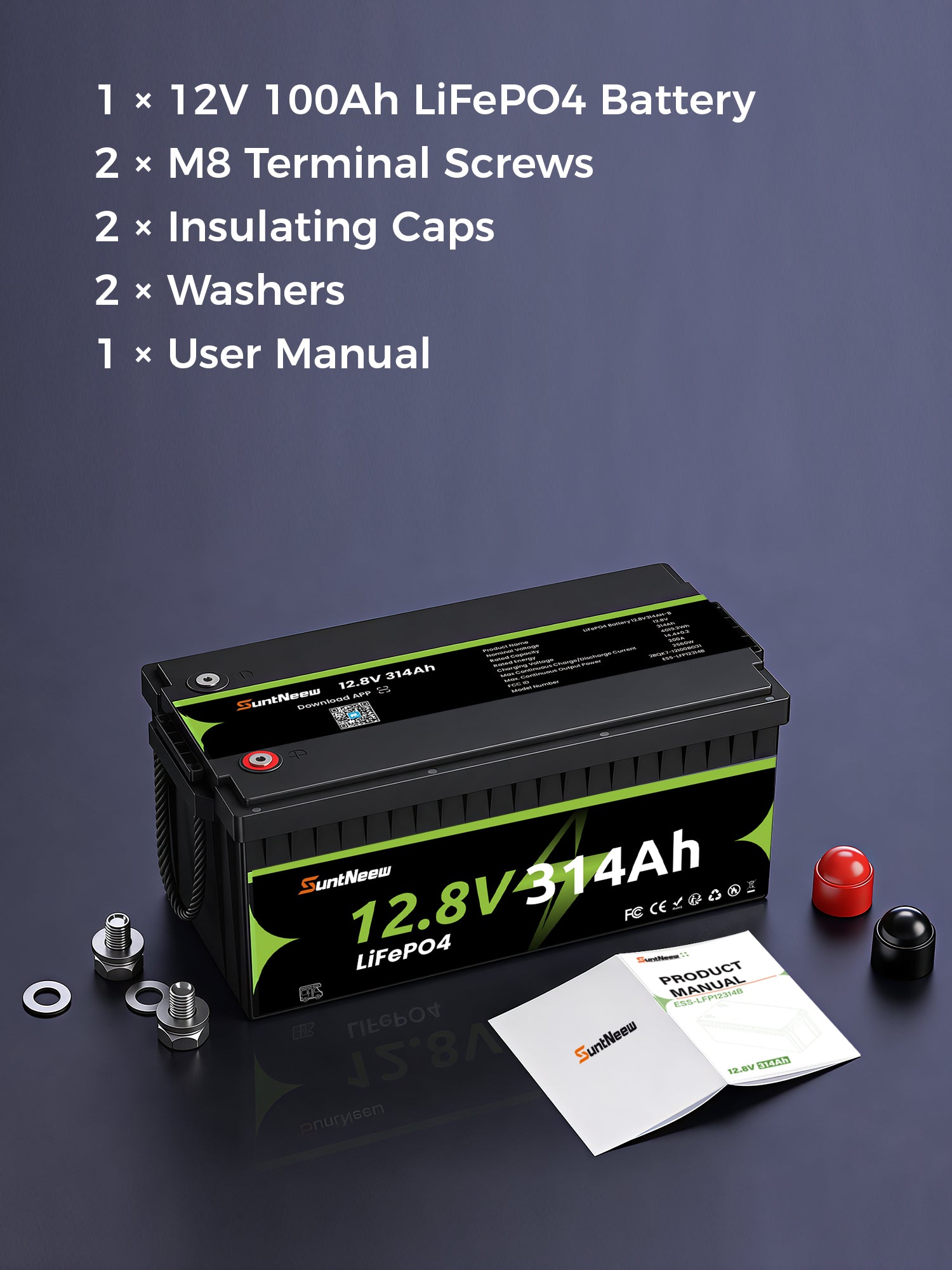 SuntNeew 314Ah LiFePO4 battery and included accessories