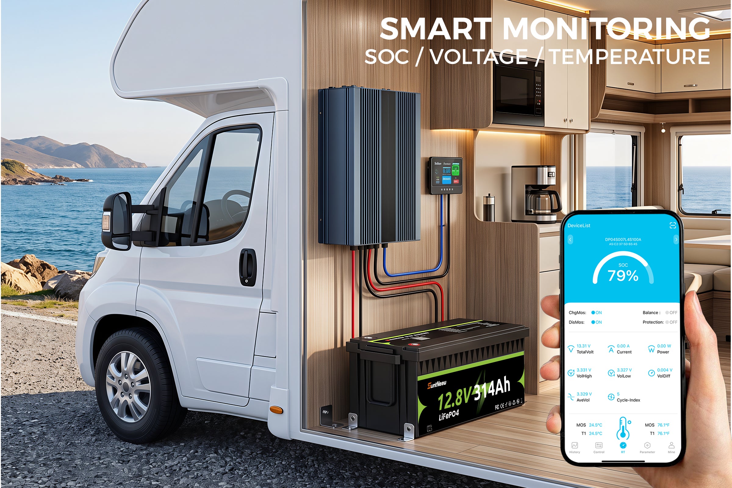 314Ah LiFePO4 battery monitored by Bluetooth app beside an RV