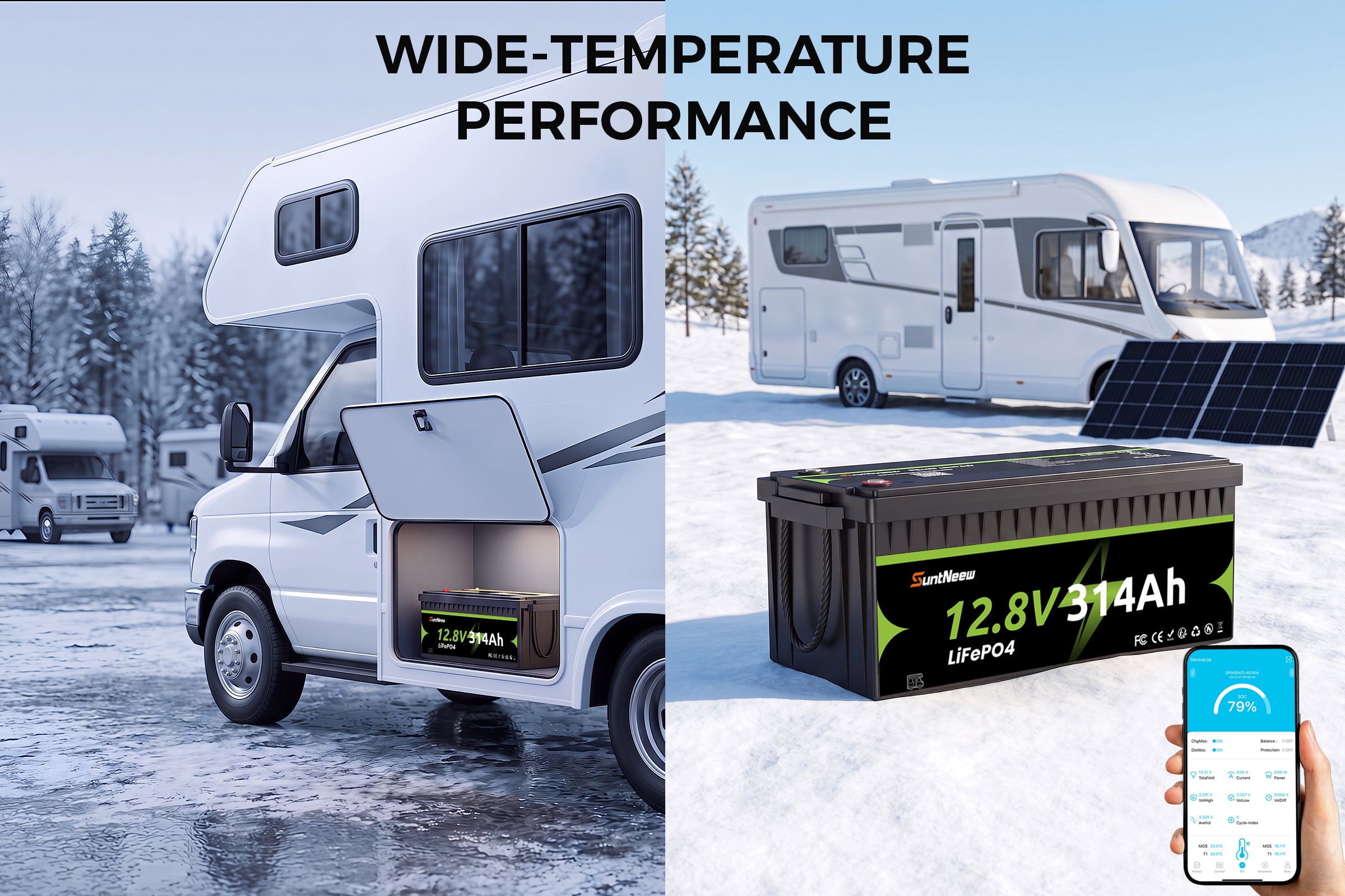 314Ah LiFePO4 battery in a cold-weather RV setting