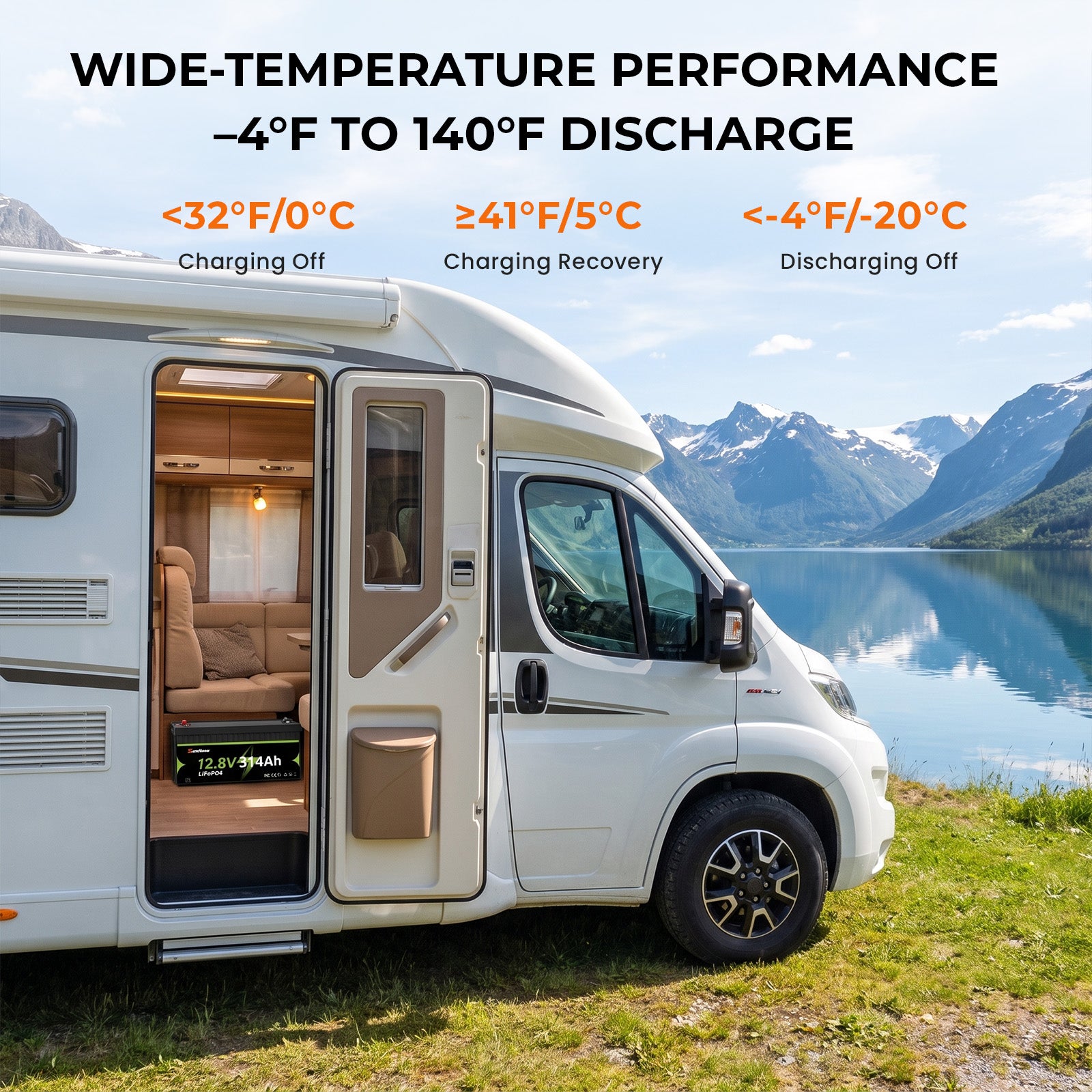SuntNeew 314Ah LiFePO4 battery beside a motorhome and mountain lake