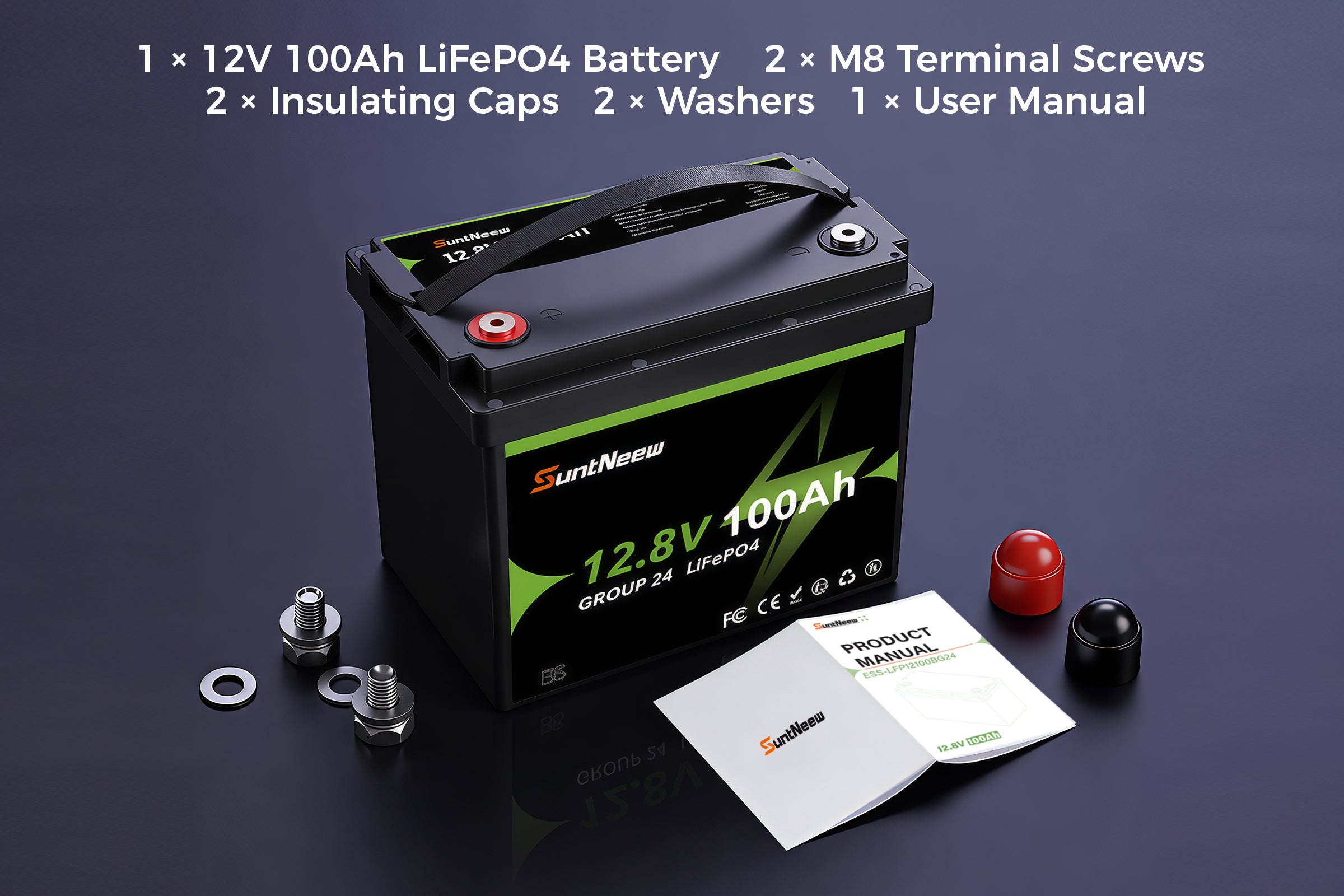 SuntNeew Group 24 battery with included terminal hardware and manual