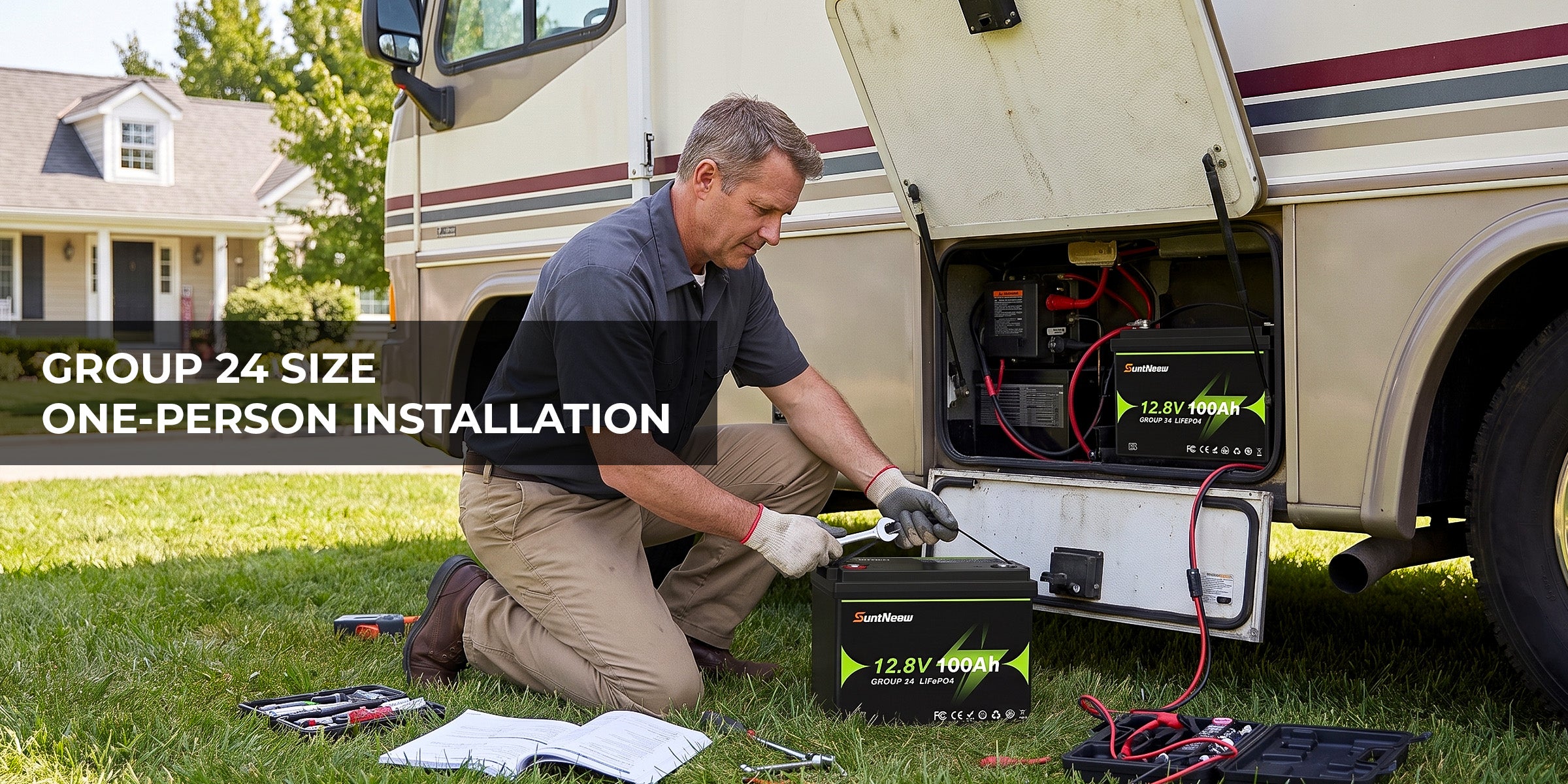 Group 24 LiFePO4 battery shown during an RV installation