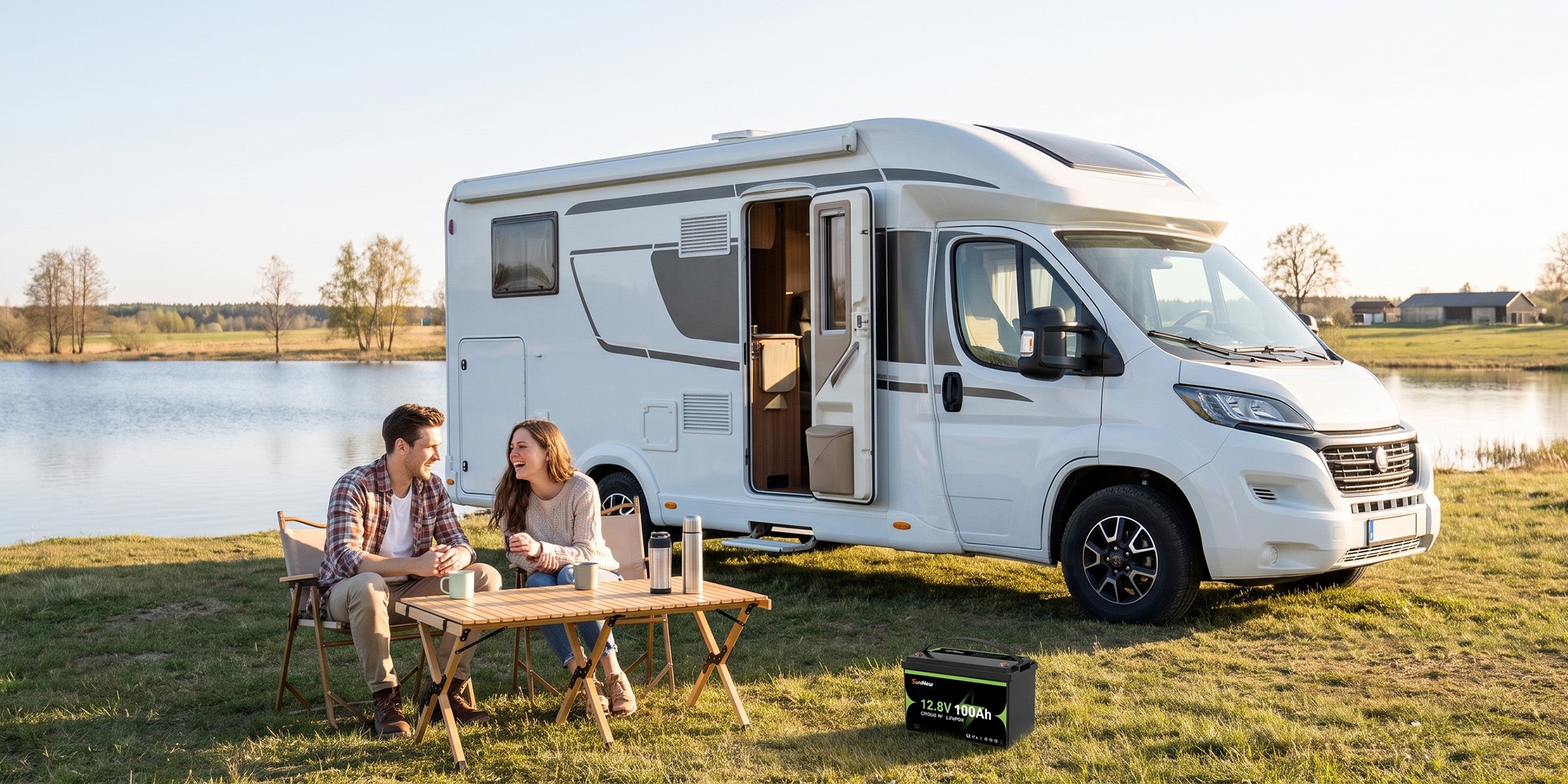 SuntNeew RV battery supporting a lakeside motorhome trip